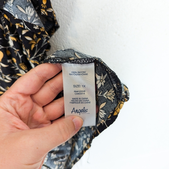 Angels 1X Flowy Ruffle Sleeve Peplum Top Ditsy Floral Mustard Black Blouse - Picture 9 of 10